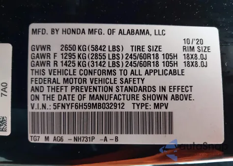 2021 Honda Pilot Awd Ex-L from USA, damaged, VIN 5FNYF6H59MB032912